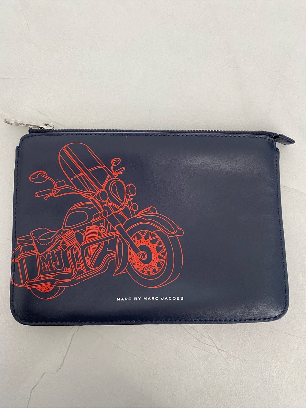 Marc By Marc Jacobs Navy Leather Zip Pouch with Red Motorcycle Print